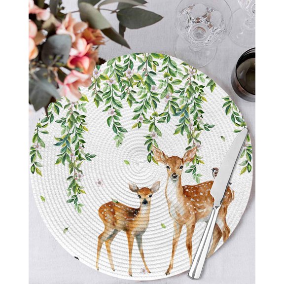 13 Inch Round Placemats Set of 4, Spring Botanical Non Slip Heat Insulation PP Table Mats, Watercolor Leaves Deers Birds Country Washable Place Mats for Kitchen Dining Party Table Decor