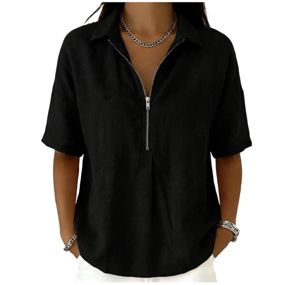 Cmfcve Half Sleeve Tops for Women Collared V Neck T Shirts Fashion Solid Color Half Zipper Summer Shirts