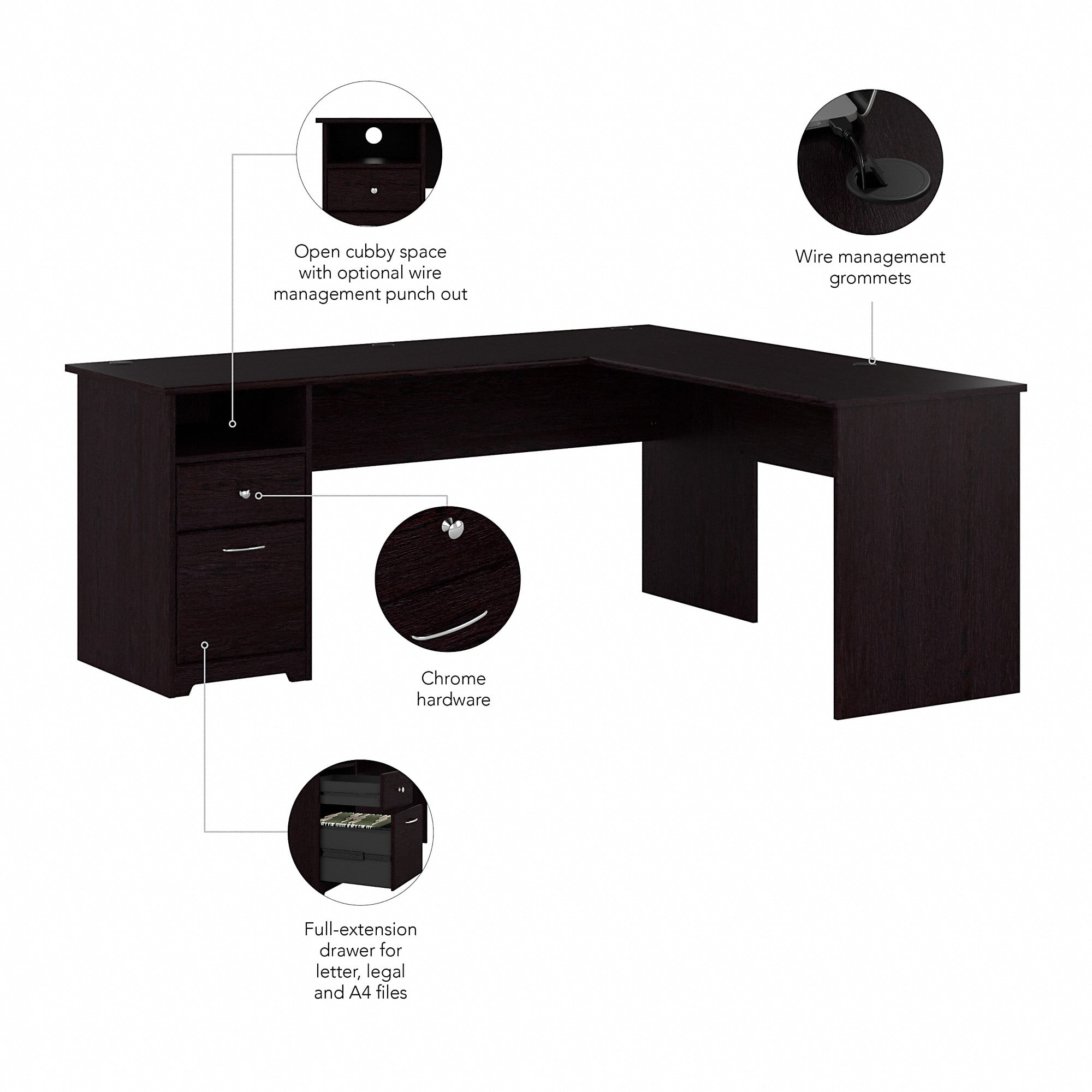 Bush Furniture Cabot 72" L Shaped Desk with Storage, Espresso Oak