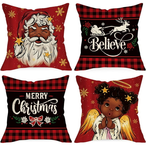 Christmas Black Santa Claus Girl Decorative Throw Pillow Covers 20x20 Set of 4, Xmas African American Believe Reindeer Cushion Case Decor, Buffalo Plaid Winter Holiday Farmhouse Home Decoration