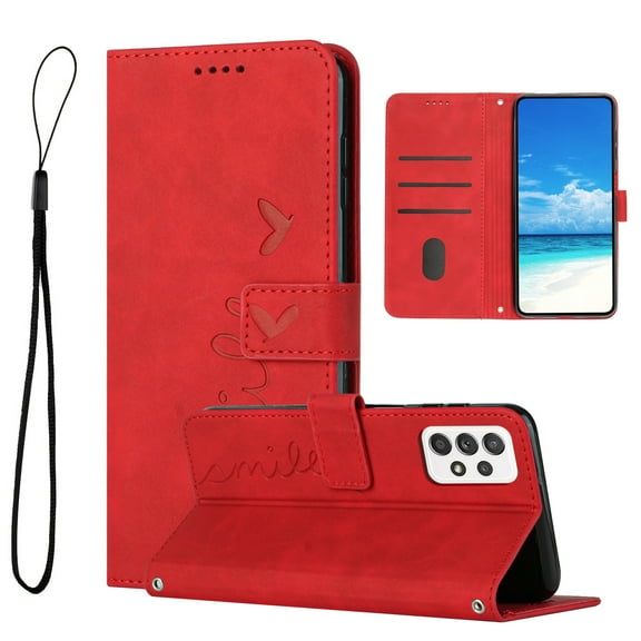 For Samsung A72 Case, Allytech Wallet Case Magnetic Folio Embossed Full Protection PU Leather Kickstand Credit Card Holder Slots Wrist Strap Flip Cover for Samsung Galaxy A72 5G/4G, Red
