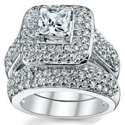 Metal Masters Womens 1Ct. Sterling Silver 925 Princess-cut Double Halo Cubic Zirconia Wedding Engagement Ring Set