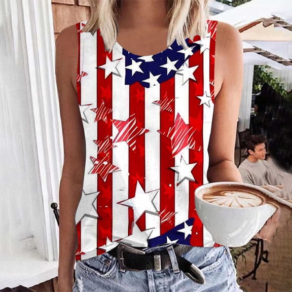Fartey Plus Size 4th of July Tank Tops for Women Trendy Stars Stripes Print Patriotic Tees Summer Sleeveless Crew Neck Shirts Independence Day Patriotic Tanks Red XXL