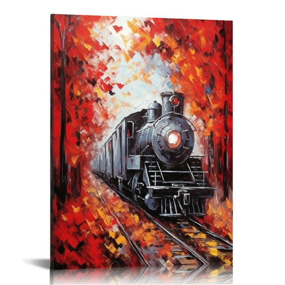 YIKUMA Train Canvas Wall Art Old Steam Train Paintings Autumn Red Forest Painting Artwork Modern Home Living Room Bedroom Decor 16x20 in