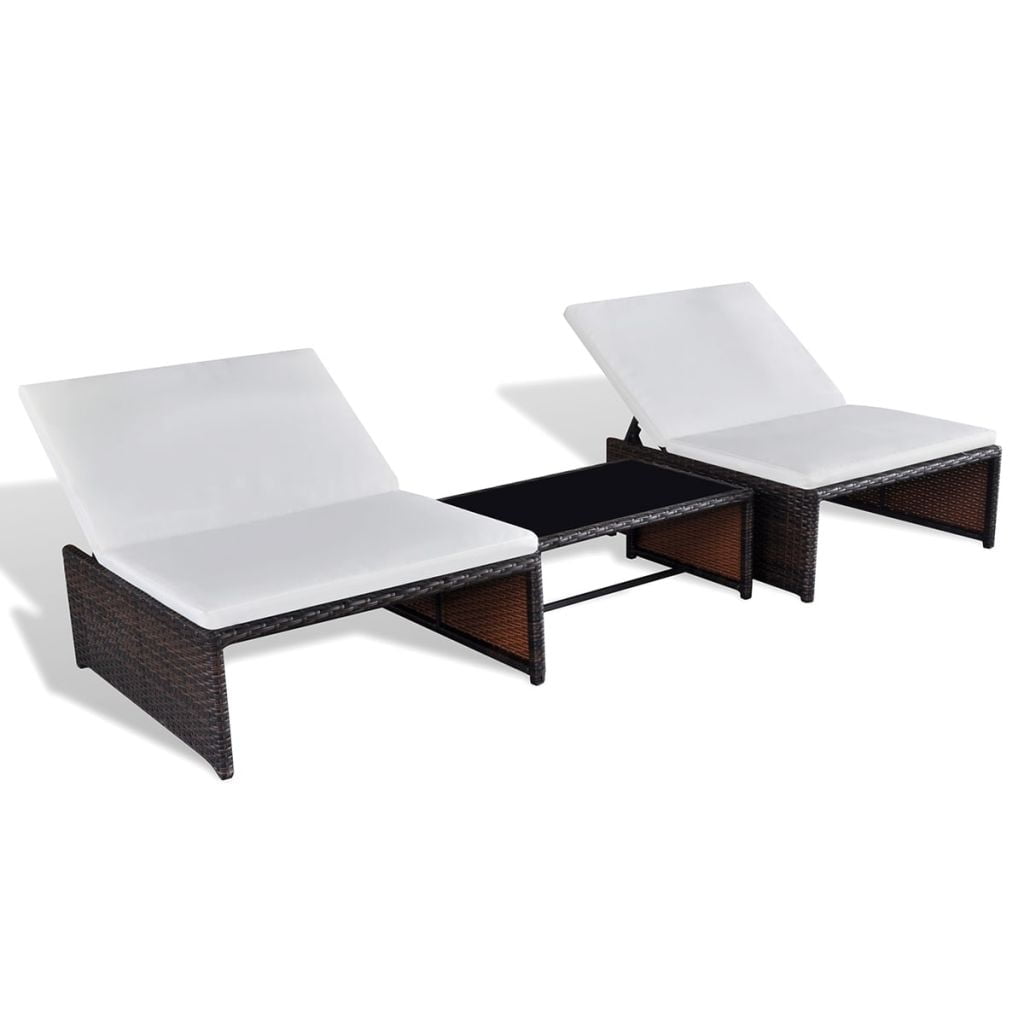 Kepooman Outdoor Double Adjustable Rattan Sun Loungers with Table for Patio Beach, Brown Kepooman Outdoor Double Adjustable Rattan Sun Loungers with Table for Patio Beach, Brown
