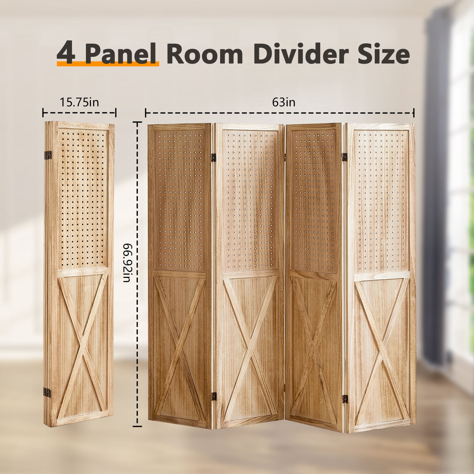Aletheiawu 4 Panel Wood Room Divider Folding Privacy Screens, No Installation Required, Light Brown