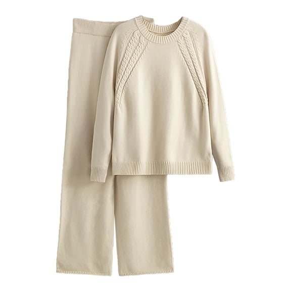 Womens Sweater Set, Hugcore Women's Casual 2 Piece Sweater Pants Set Long Sleeve Tops Wide Leg Pants Sweatsuit Tracksuit Outfit Winter Clothing 2 Piece Sweater Sets and Women Beige One Size