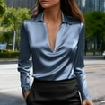 thumbnail image 4 of Women's Dressy Satin Shirts Lapel Deep V-neck Business Casual Outfits Office Blouses Solid Long Sleeve Work Tops (XL, Navy), 4 of 7