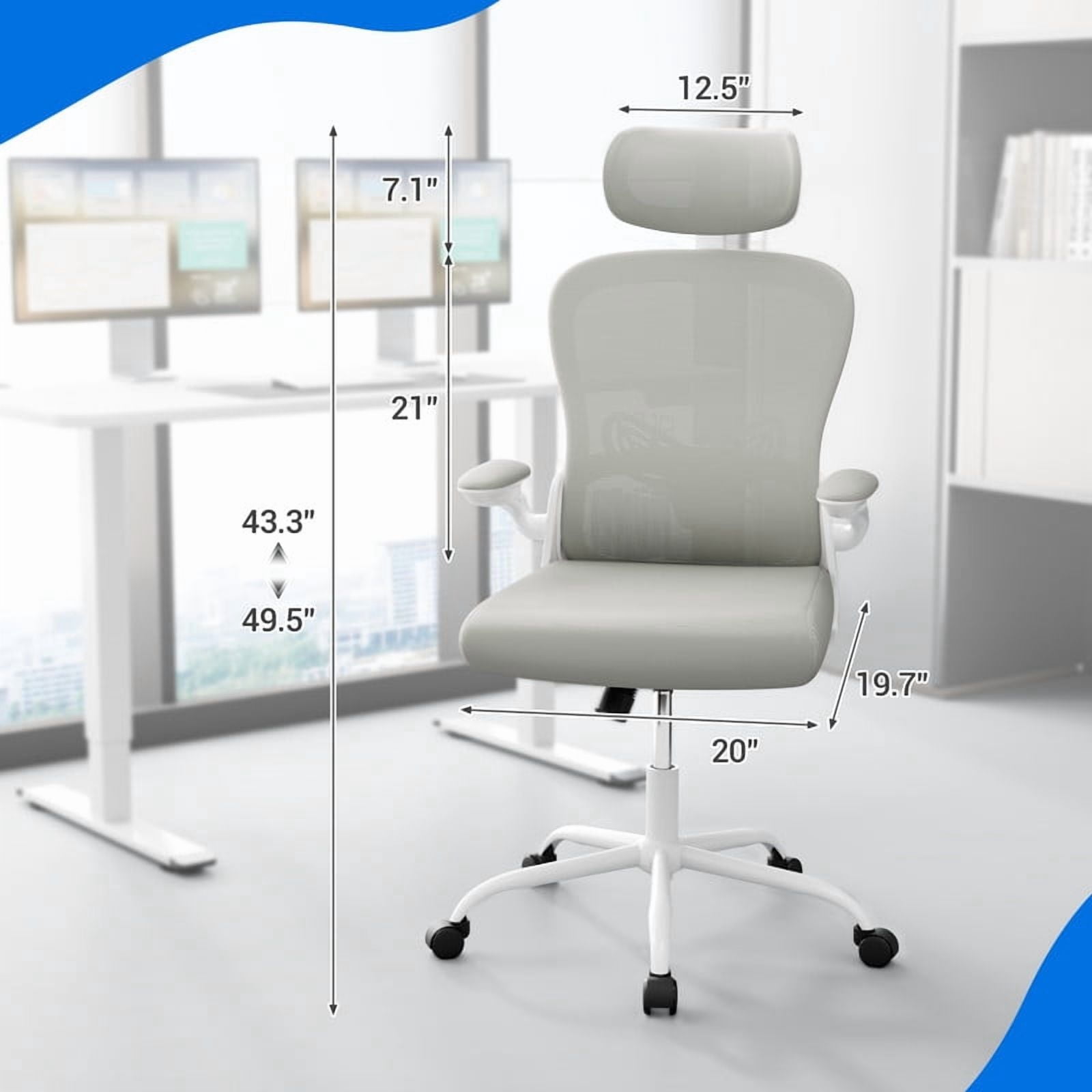 Furmax High Back Office Chair Ergonomic Mesh Desk Chair with Adjustable Lumber Support, Headrest and Flip up Armrest, Gray