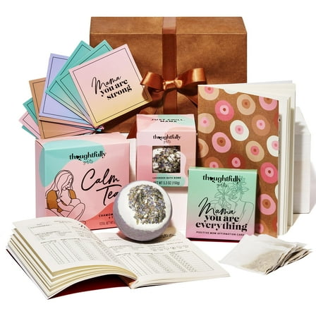 Thoughtfully New Mom Gifts, Includes Lavender Bath Bomb, 4 Chamomile Tea Bags, Affirmation Cards, and Daily Tracker Notepad