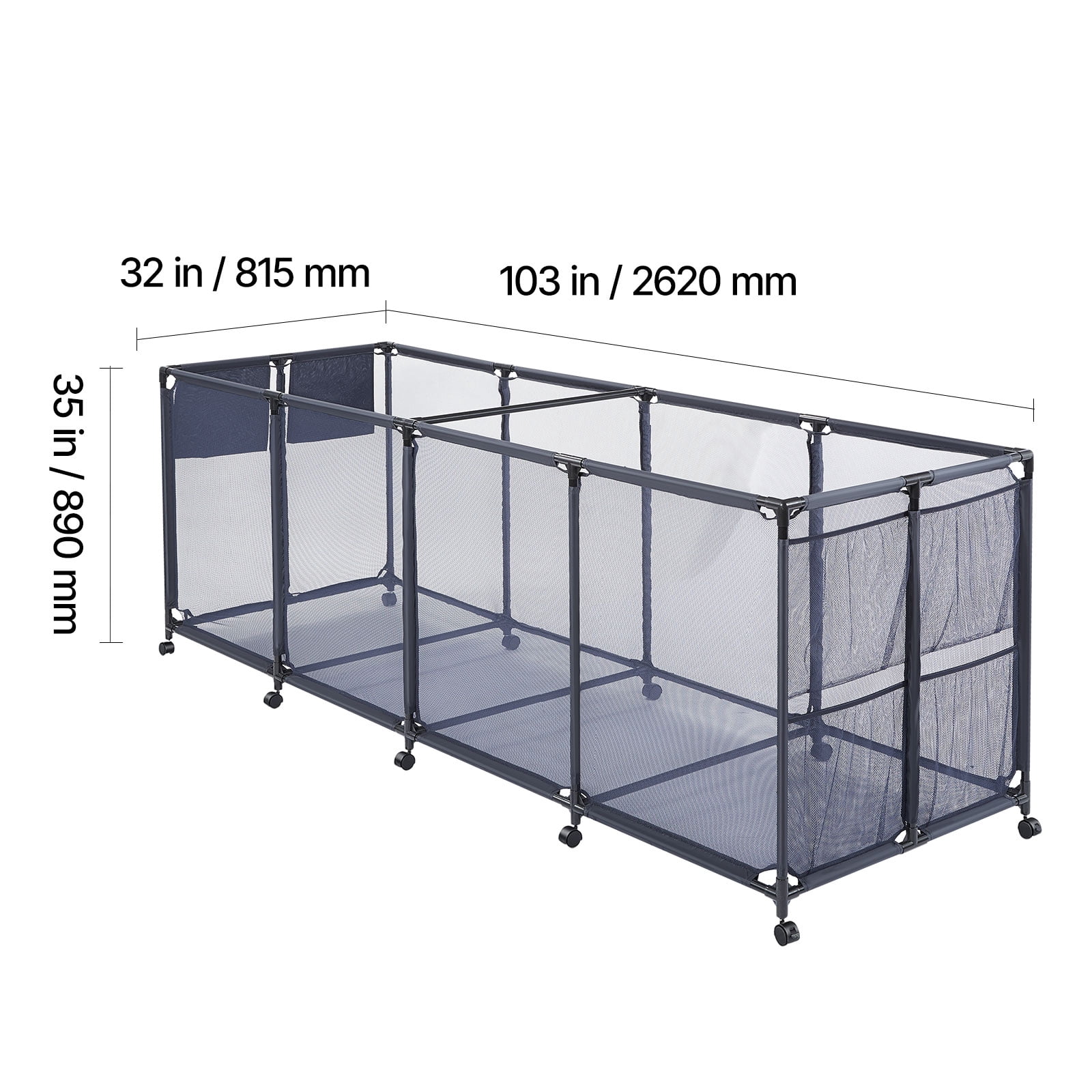 KFFKFF Rolling Pool Storage Bin, 103 x 32 x 35 in, Organizer with Side Pockets & Noodles Holder, Sturdy Metal Frame, Breathable Mesh Basket for Poolside Toys and Swimming Accessories