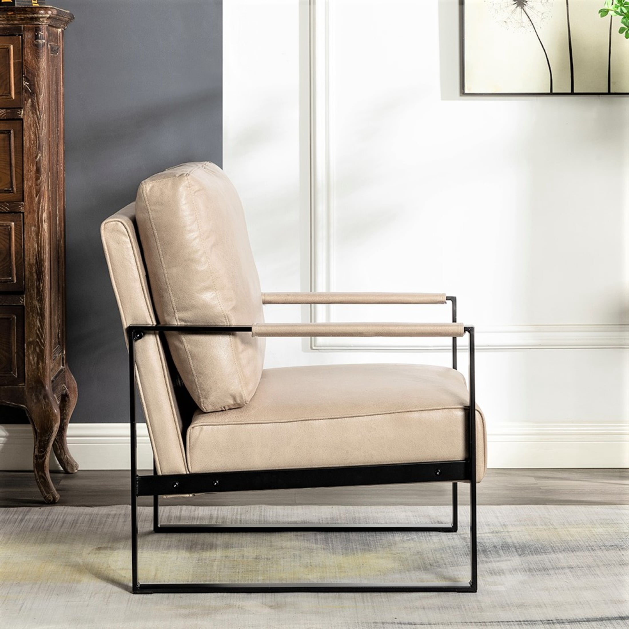 GDF Studio 25.4" Mid-Century Modern Accent Chair with Square Metal Frame, Microfiber Upholstery, Light Camel