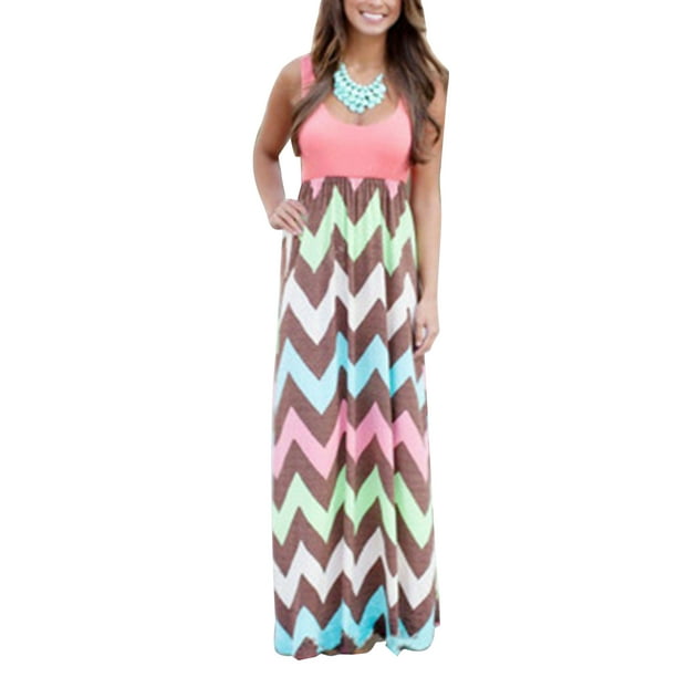 Plus Size Dress for Wave Striped Strappy Top Summer Beach Dress Party Casual Long Maxi -