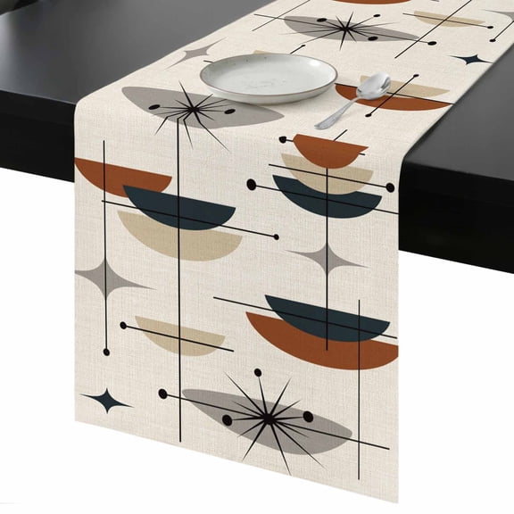 Table Runner Mid Century Modern Decorative Dining Table Runner Abstract Geometric Lines Orange Gray Kitchen Table Decoration for Home, Holiday and Party Use 13x90 Inch