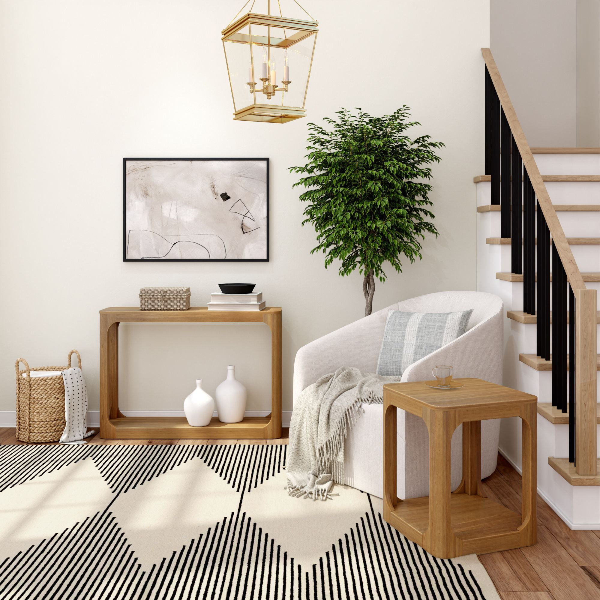 Plank+Beam 46" Forma Console Table, Solid Wood Rounded Edge Sofa Table with Storage Shelves, Narrow Entryway Table, Pecan