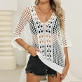 thumbnail image 2 of ZyeKqe Womens Crochet Tops Half Sleeve Sweaters Hollow out V Neck Knit Tops Summer Beach Cover Ups Swimming Suits, 2 of 9