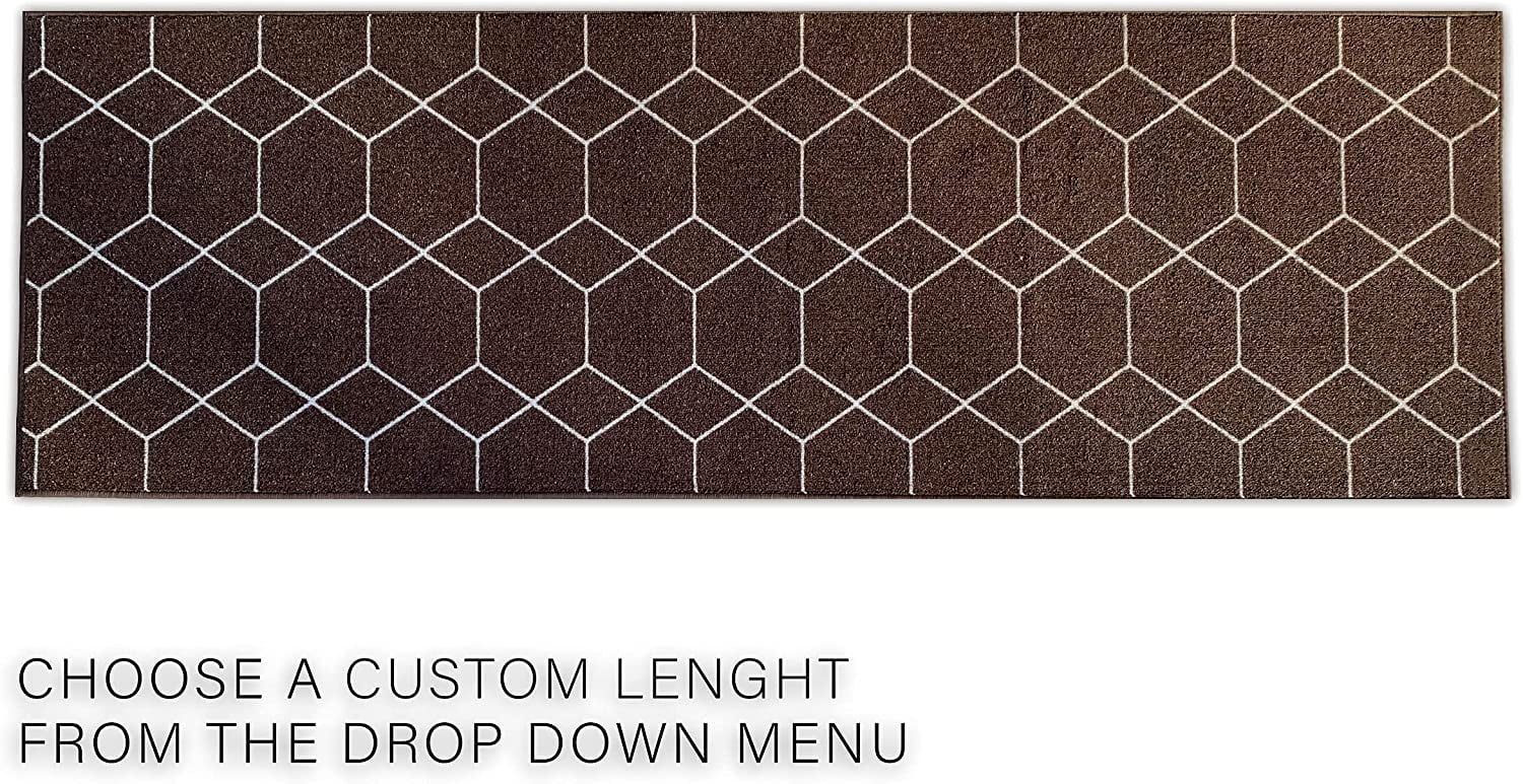 Custom Size Runner Rug Hexagon Trellis Design Brown Color 26 or 31 inch Wide Pick Your Length Non-Slip Rubber Backing Stair Runner
