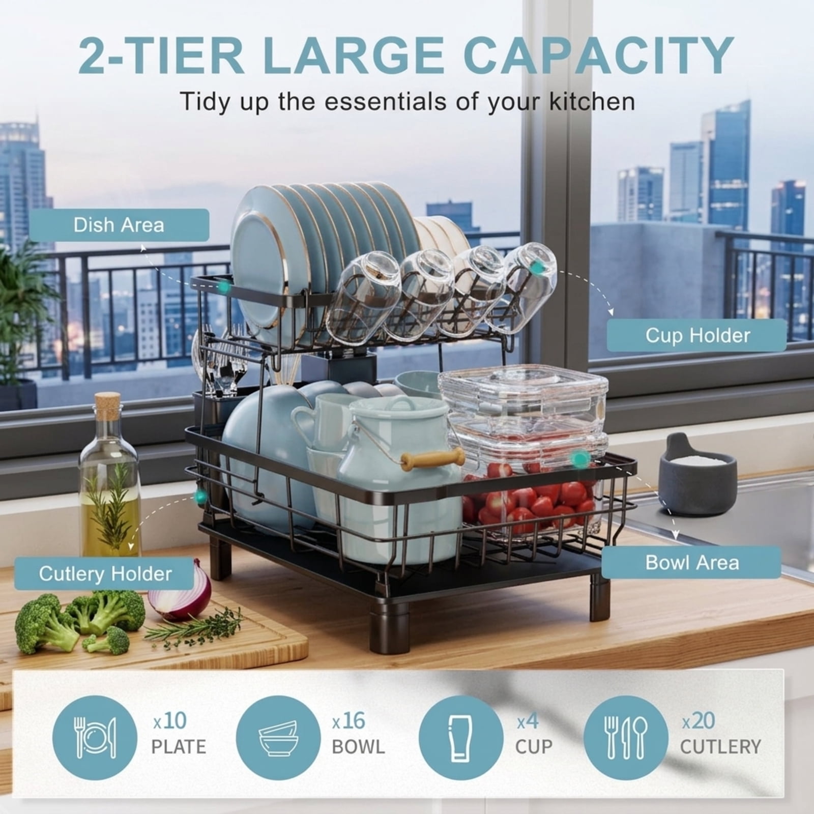 Fenbeli 2-Tier Dish Drying Rack with Rotating Drainage Spout, Rust-Resistant Countertop Dish Rack with Utensil Holder, Black