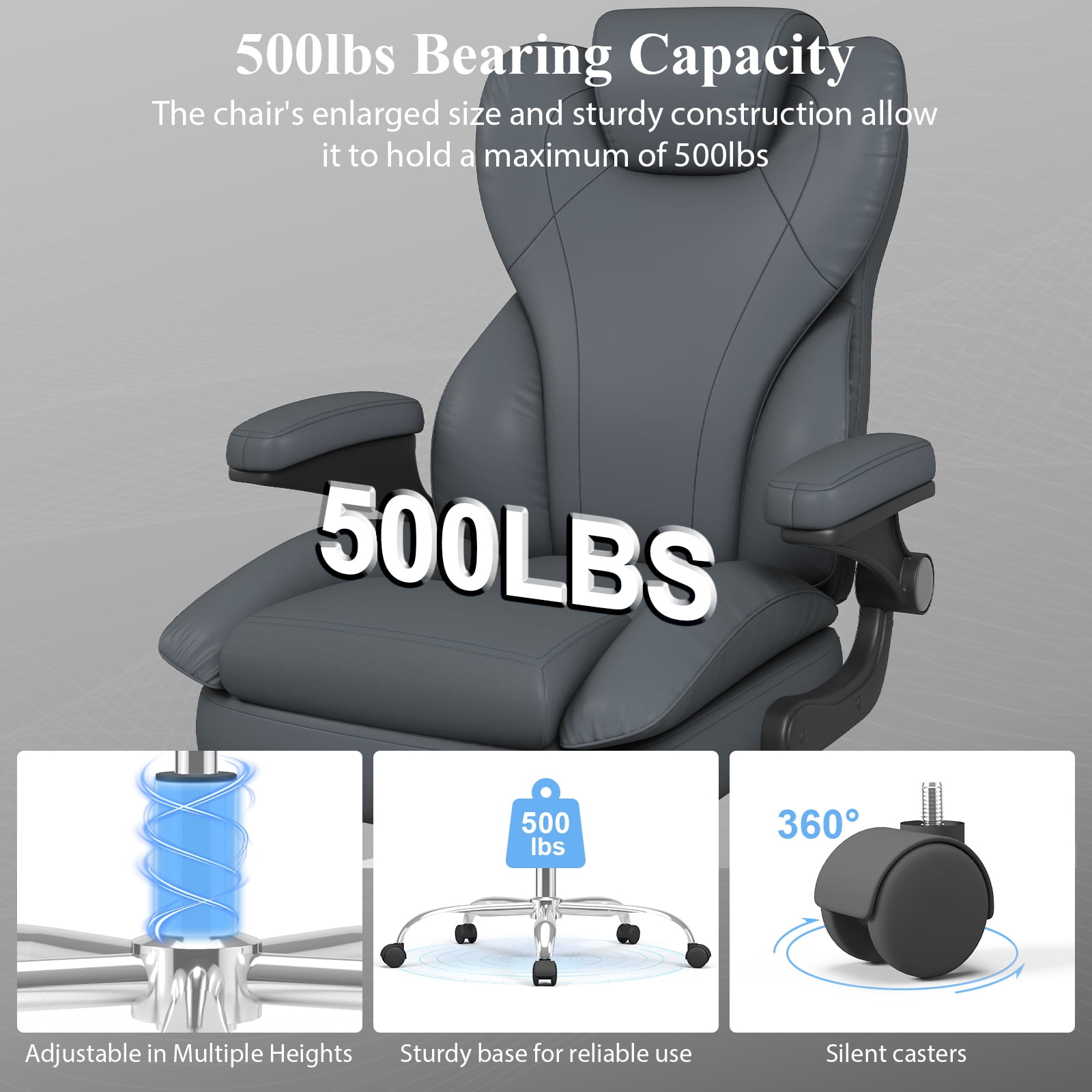 E-motie Home Office Chair with Flip-up Arms, Adjustable High Back Chair, Quiet Nylon Wheels, Grey