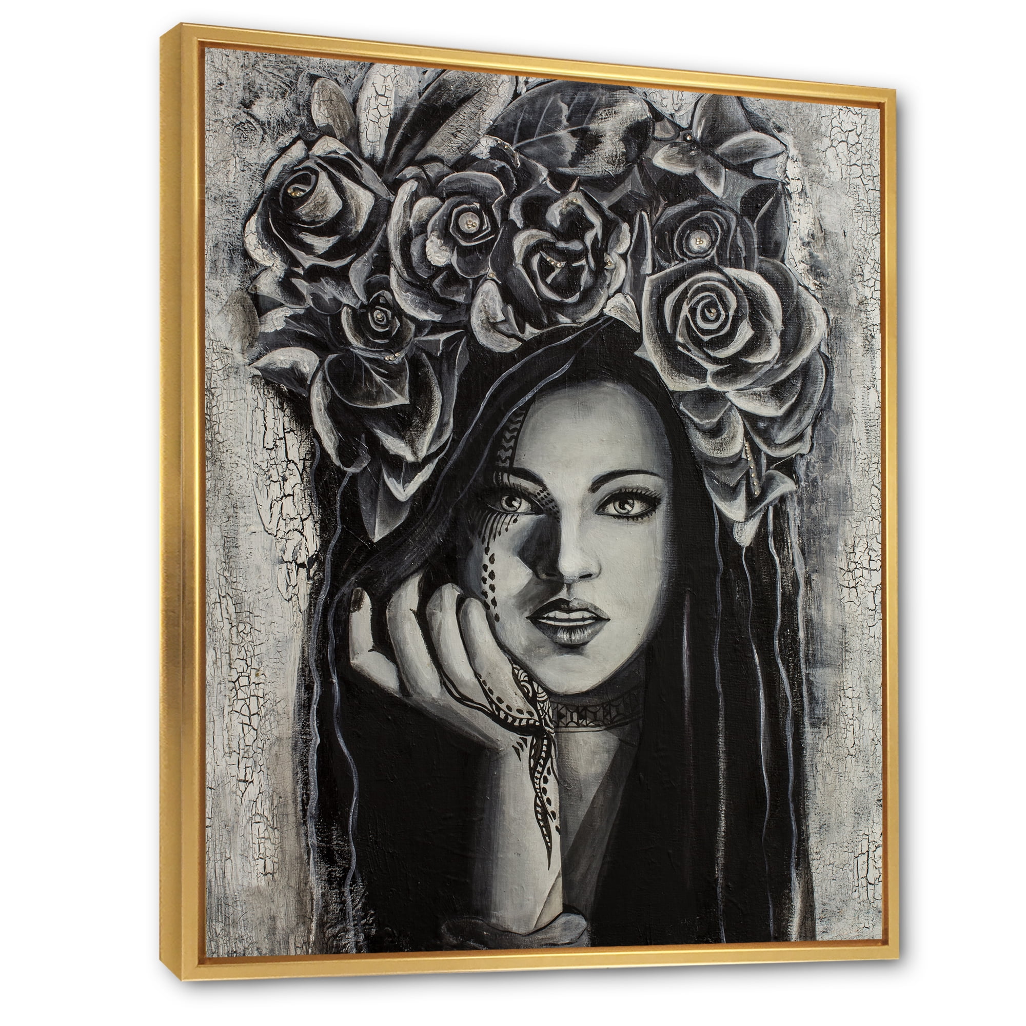 Designart 'Portrait Of A Young Woman With Flowers III' Modern Framed Canvas Wall Art Print
