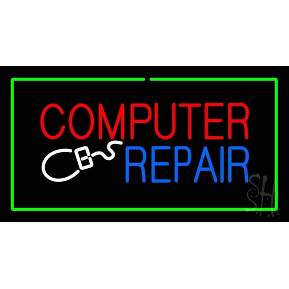 Computer Repair with Green Border Animated LED Neon Sign 13 x 24 - inches, Clear Edge Cut Acrylic Backing, with Dimmer - Bright and Premium built indoor Neon Sign for Computer & Electronics store.