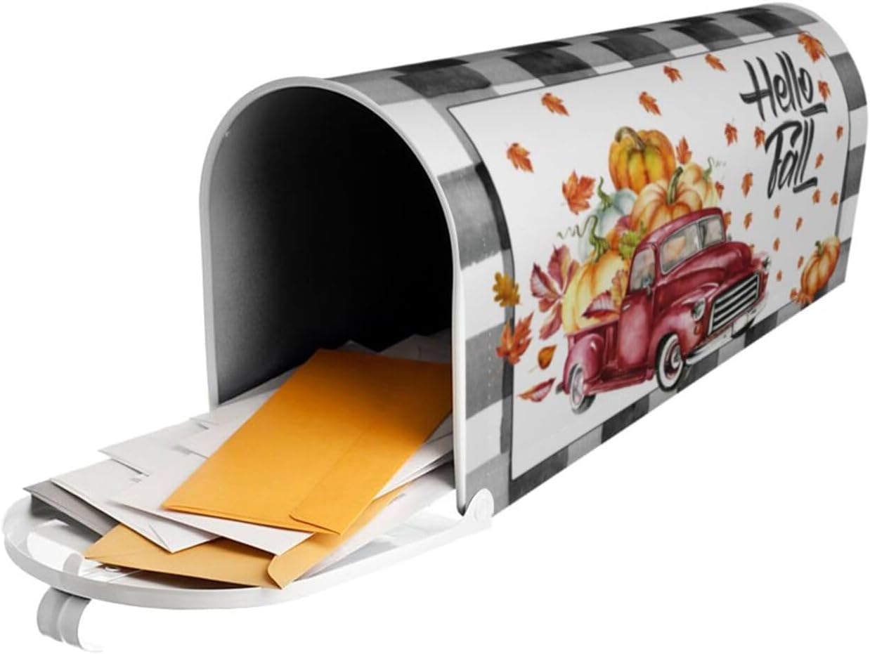 Fall Pumpkin Truck Mailbox Cover Magnetic Standard Size 18" X 21" Hello Fall Mailbox Covers Autumn Thanksgiving Mailbox Wraps Post Letter Box Cover for Outdoor Decor