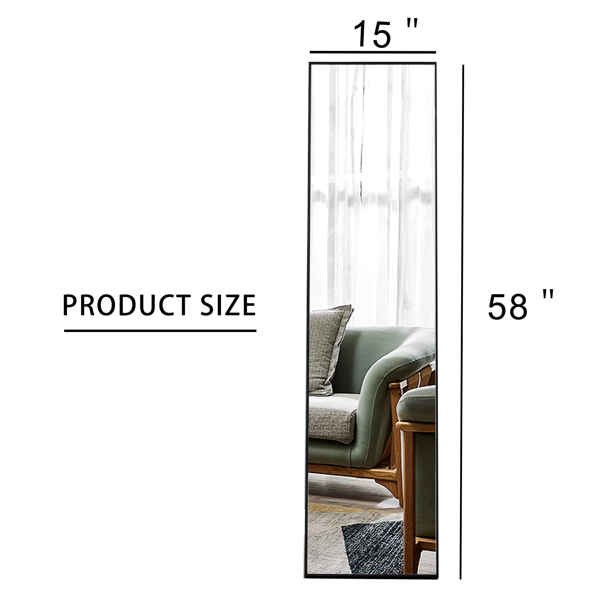 Full-Length Mirror, Dressing Mirror with Solid Wood Frame, Floor Mirror for Living Room, Bedroom, 58"×15", Black