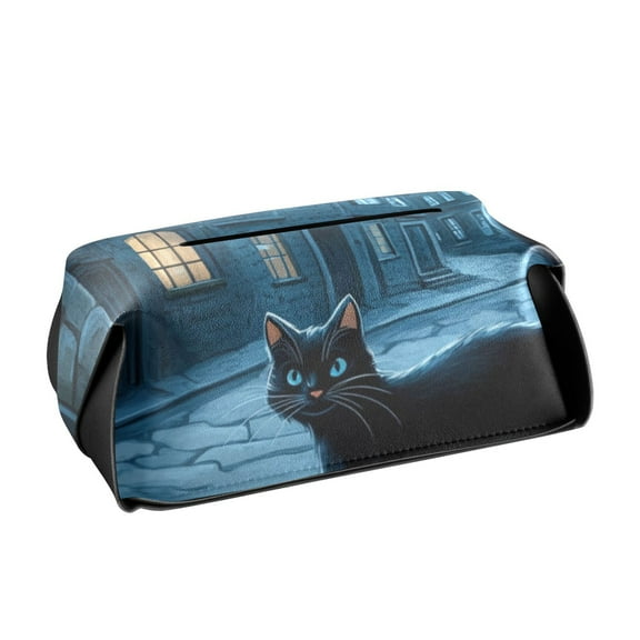Halloween Black Cat and Moon Tissue Box Cover Leather Square Rectangle Tissue Box Holder for Bathroom Living Room Desk Office Decor
