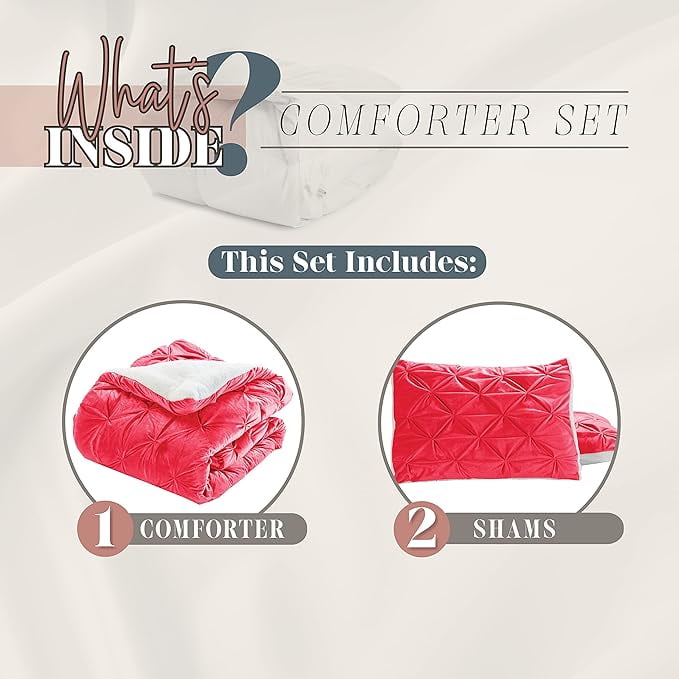 Elegant Comfort 3-Piece Set Pinch Pleated Sherpa Comforter Reversible and Luxurious. Fresh, Comfy Fabric, Pinch Pleated Sherpa Comforter, Queen, Bright Red