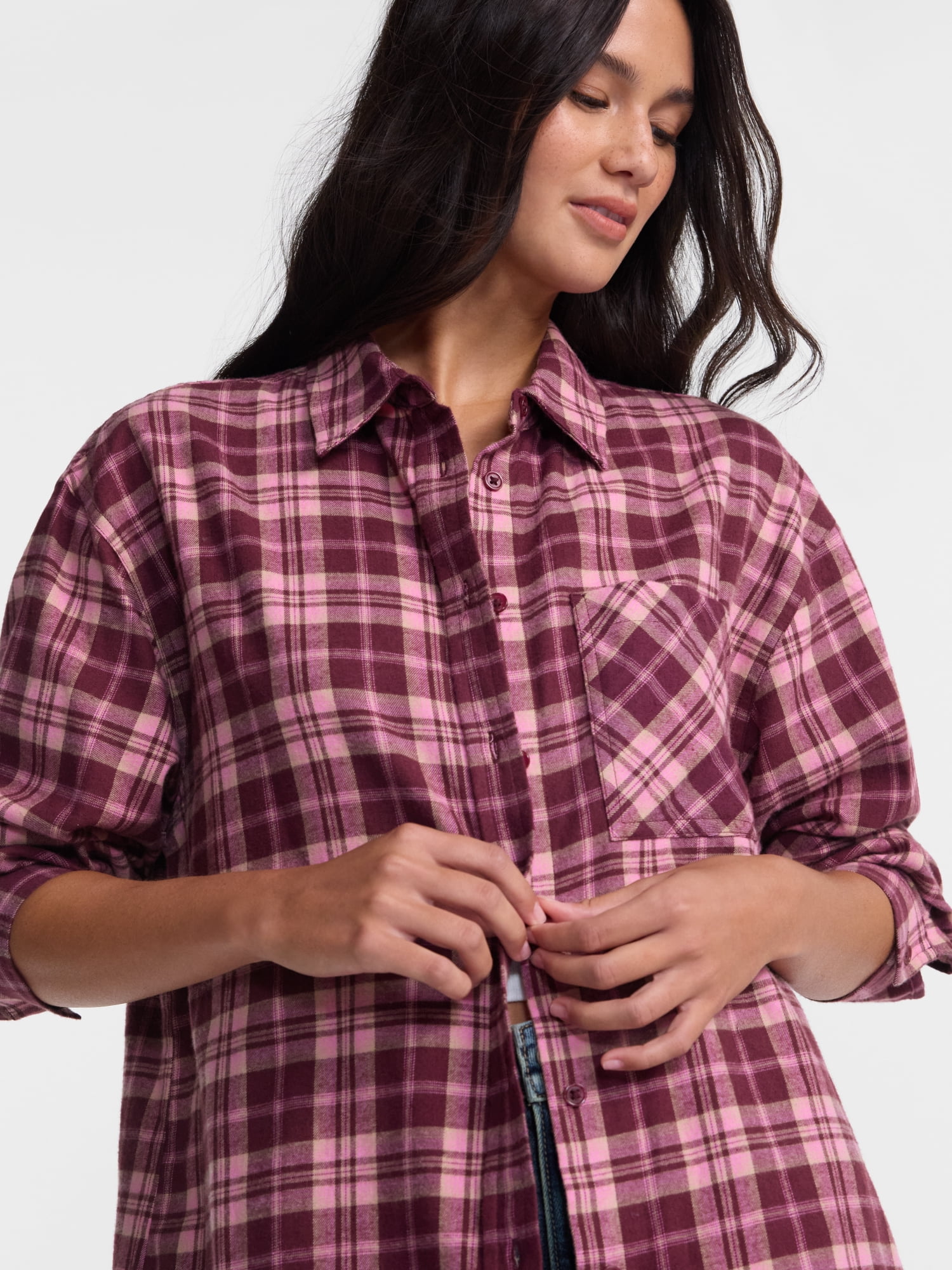 No Boundaries Plaid Flannel Shirt with Long Sleeves, Women's XXS-XXL