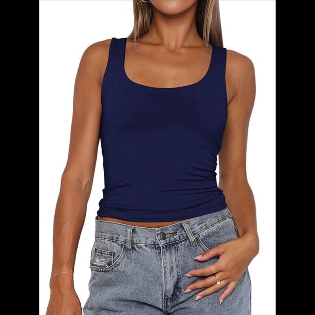 Camiseta Sin Mangas con Cuello Cuadrado para Mujer, de Doble Capa, Básica, para Entrenamiento de Verano, Informal. Azul Marino S