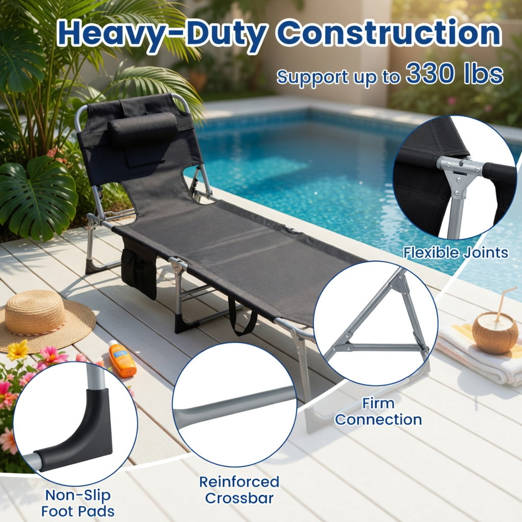 Hommoo Foldable Tanning Chair with Face & Arm Holes, Lightweight Portable Beach Chair for Pool, Patio, and Outdoor Use, Black