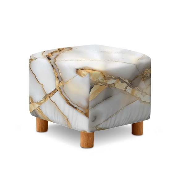 SCRAWLGOD Marble Print White Gold Ottoman Chair Cover Ottoman Chair Slipcovers Printed Square Storage Stool Cover Stretch Footstool Footrest Sofa Slipcovers with Elastic Bottom