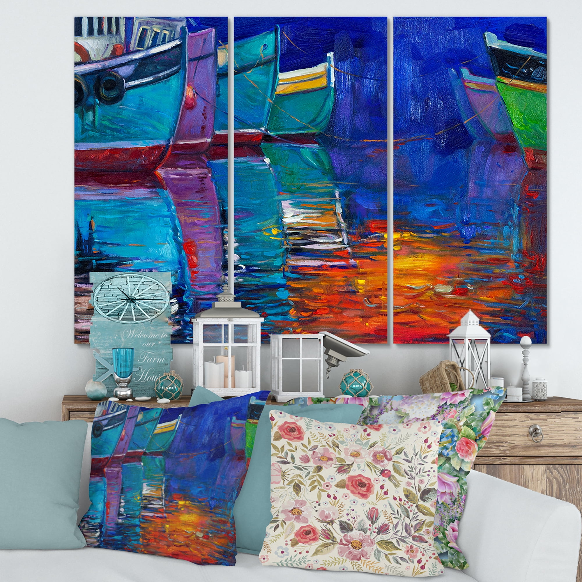 Designart ' Boats During Warm Sunset Resting On The Water I ' Nautical & Coastal Canvas Wall Art Print