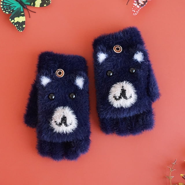 Children Winter Warm Casual Knit Cute Pattern Mittens Plus Velvet Flip Fingerless Multifunction Glove
