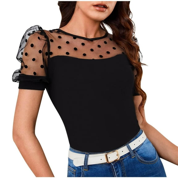 Luvrsol Plus Size Womens Blouses Casual Oversize Solid Round-neck Short Sleeved Lace Blouse T-shirt Top, Size S-2XL