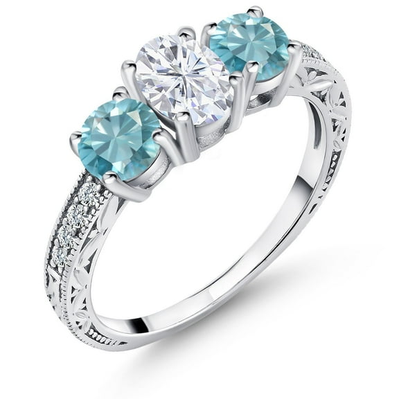 Gem Stone King 925 Sterling Silver 3-Stone Ring Set with Oval Moissanite and Zircon (2.72 Cttw, Size 8)