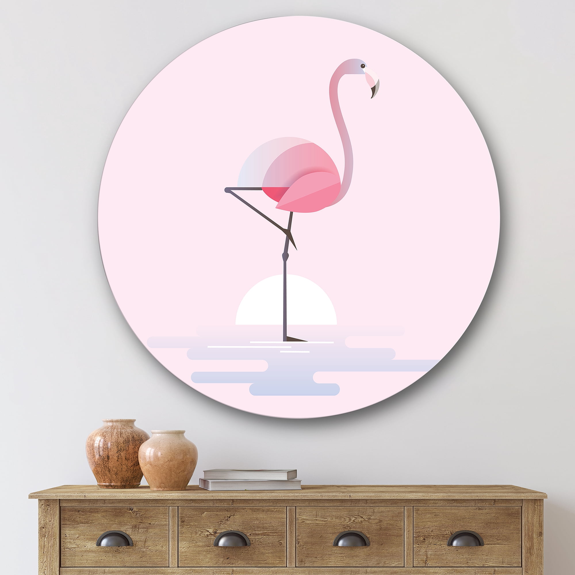 Designart 'Standing On One Toes Pink Flamingo' Farmhouse Circle Metal Wall Art 36x36 - Disc of 36