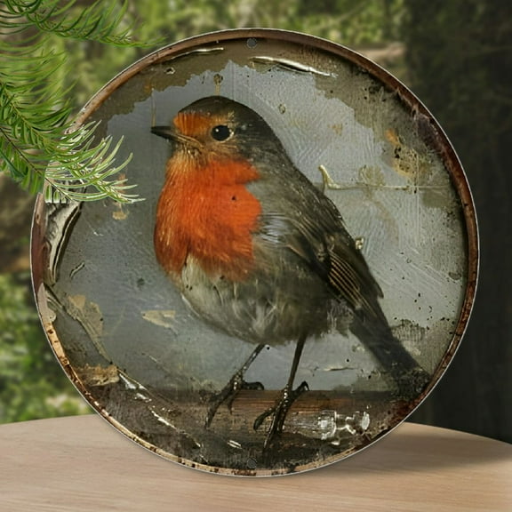 Vintage Robin Wall Decor Sign - Manufactured Wood 8-Inch Round Plaque, Bird Theme, Multipurpose Wall Hanging for Home, Bar, Garage, Garden | Season-Proof Decorative Wooden Plate