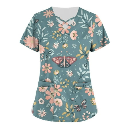 

HIMIWAY Plus Size Cute Printed Scrub Working Uniform Tops For Women Cross V-Neck Short Sleeve Fun T-Shirts Workwear Tee With Pockets