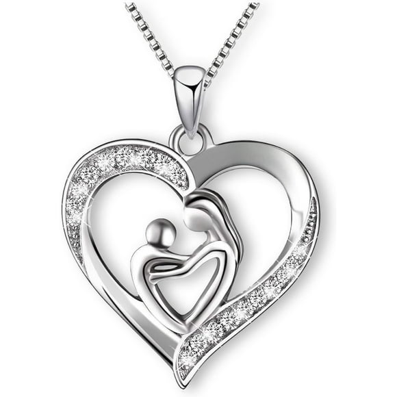 EcoNesxp Mother and Child Necklace 925 Sterling Silver World Good Mom and Baby Heart Pendant Jewelry Adjustable Hug Necklace Mother's Day Gift for Women New Mom Children Pendant Sterling Silver World