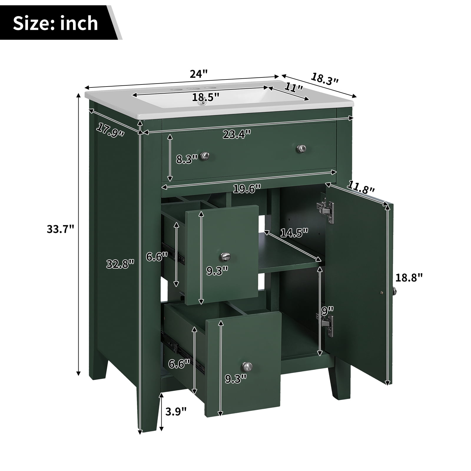 Euroco 24" Modern Bathroom Vanity with Ceramic Basin, Restroom Basin Cabinet with 2 Drawers, Small Bathroom Cabinet with Soft-Closing Door
