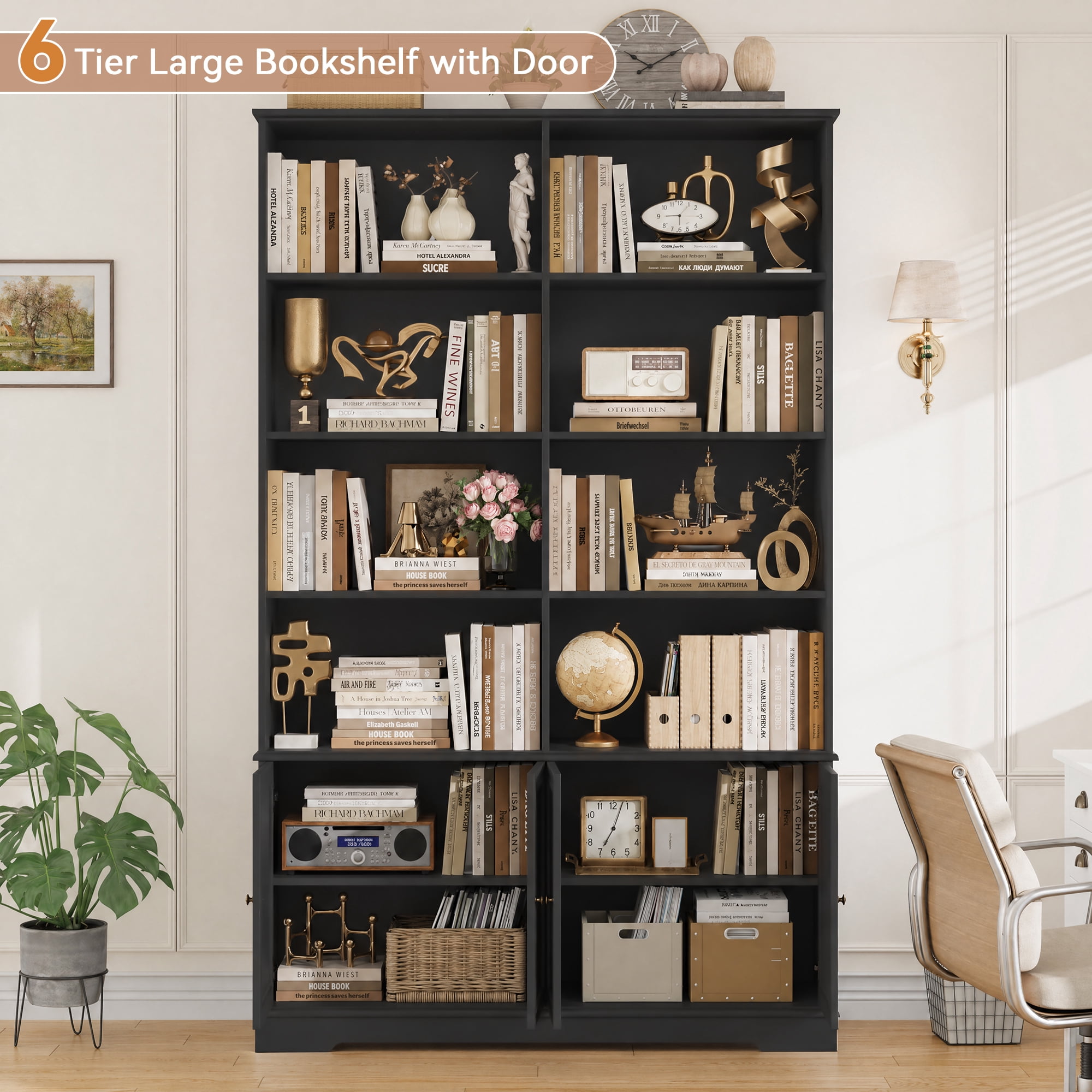 Homfa 73'' Bookcase and Bookshelves with Doors, Double Wide Wood Display Bookshelves for Living Room Home Office, Black