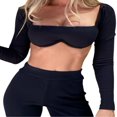 thumbnail image 1 of Women Rib Knit Crop Tops Long Sleeve Square Neck Stretchy Blouse, 1 of 6