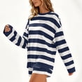 thumbnail image 5 of sdhkgrrt Women's 2 Piece Matching Lounge Set Soft Long Sleeve Round Neck Pullover Tops Drawstring Waist Shorts Striped Loose Casual Outfits Fall Tracksuit Clothing , Navy M, 5 of 6