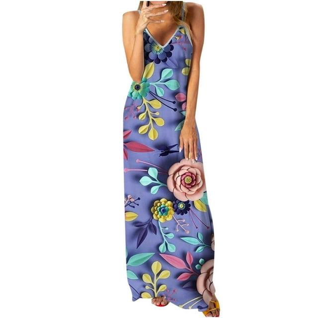 Robe Maxi d'Été Sans Manches à Col en V pour Femmes, Imprimé Floral Boho, Bretelles Spaghetti, Robe Longue Décontractée et Douce pour la Plage
