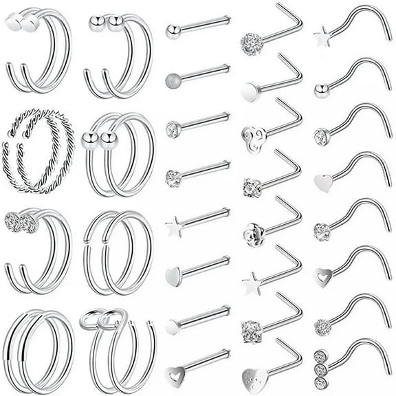 K-KED 40pcs 20g Stainless Steel Nose Rings Hoop L Shape Nose Studs Nose Screw Bone-default