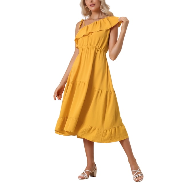 INSPIRAR CHIC Vestido de Verano de Una Sola Manga con Volantes y Fruncidos Casual en Línea A XS Amarillo