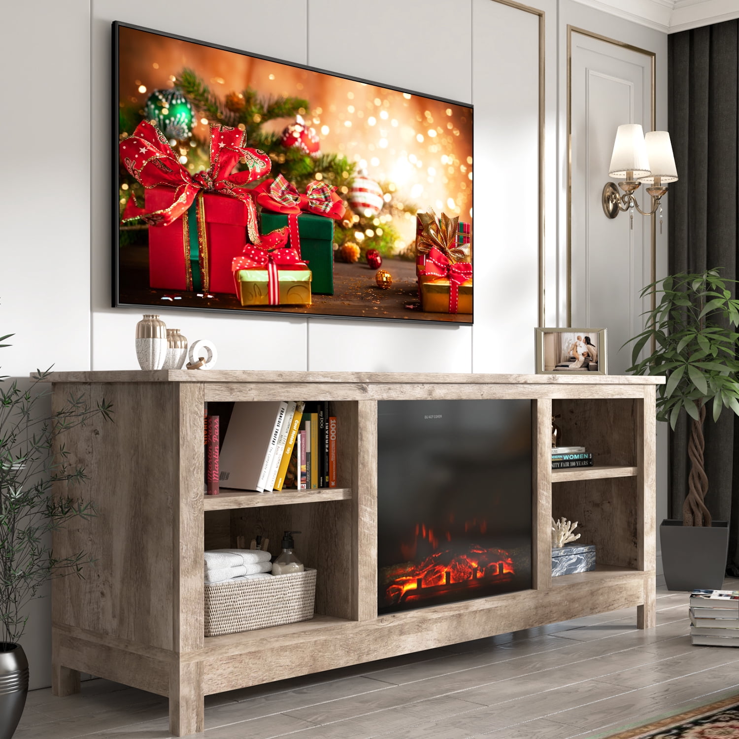 Lacoo Wood TV Stand with Fireplace and 4 Shelves for TVs up to 65", Gray