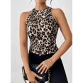thumbnail image 5 of Multicolor Womens Ribbed Knit Leopard Print Crop Tank Top, Tight Fitted Racerback Casual Activewear, 5 of 6